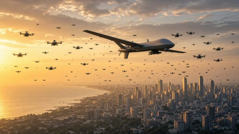 Large military drone flying over a coastal city at sunset, surrounded by a swarm of small quadcopter drones