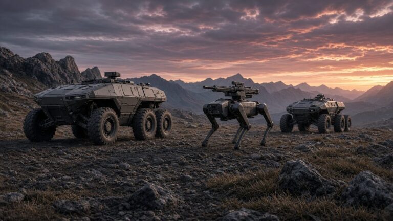 Armed robot dog flanked by two six-wheeled unmanned ground vehicles on a rocky mountain plateau at sunset