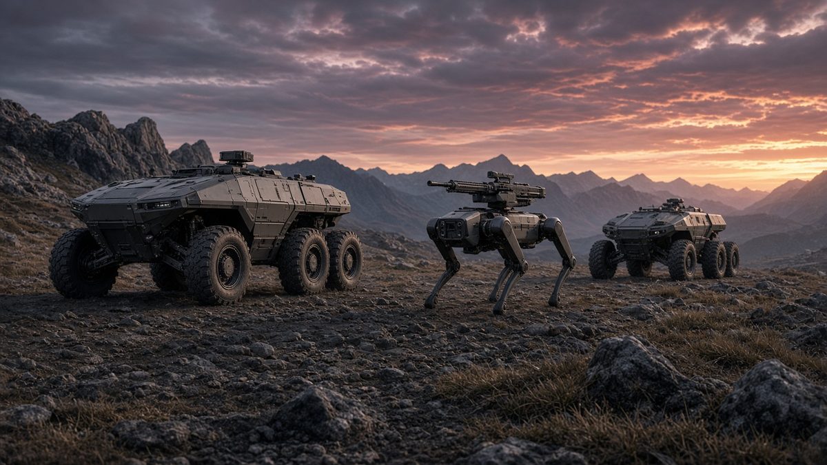 Armed robot dog flanked by two six-wheeled unmanned ground vehicles on a rocky mountain plateau at sunset