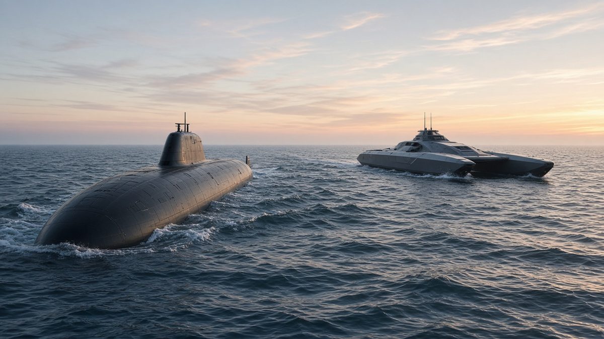 Large black submarine and a gray stealthy unmanned surface vessel cruising side by side on the ocean at twilight