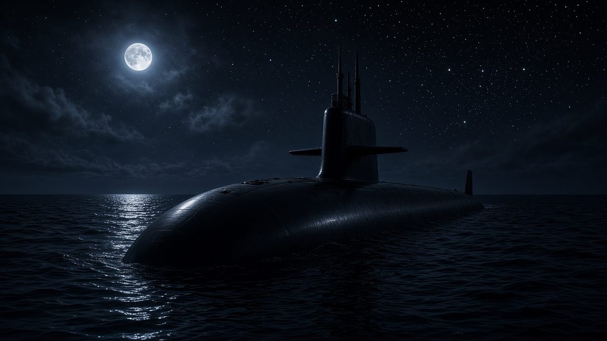 Dark submarine surfaced on a calm night sea under a full moon and star-filled sky, with sail and masts visible