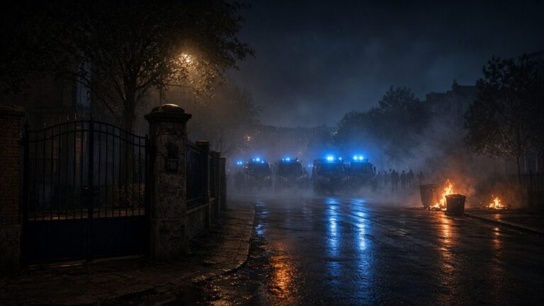 Night street in a Paris suburb with police vans, blue lights, tear gas haze and a burning bin by a school gate