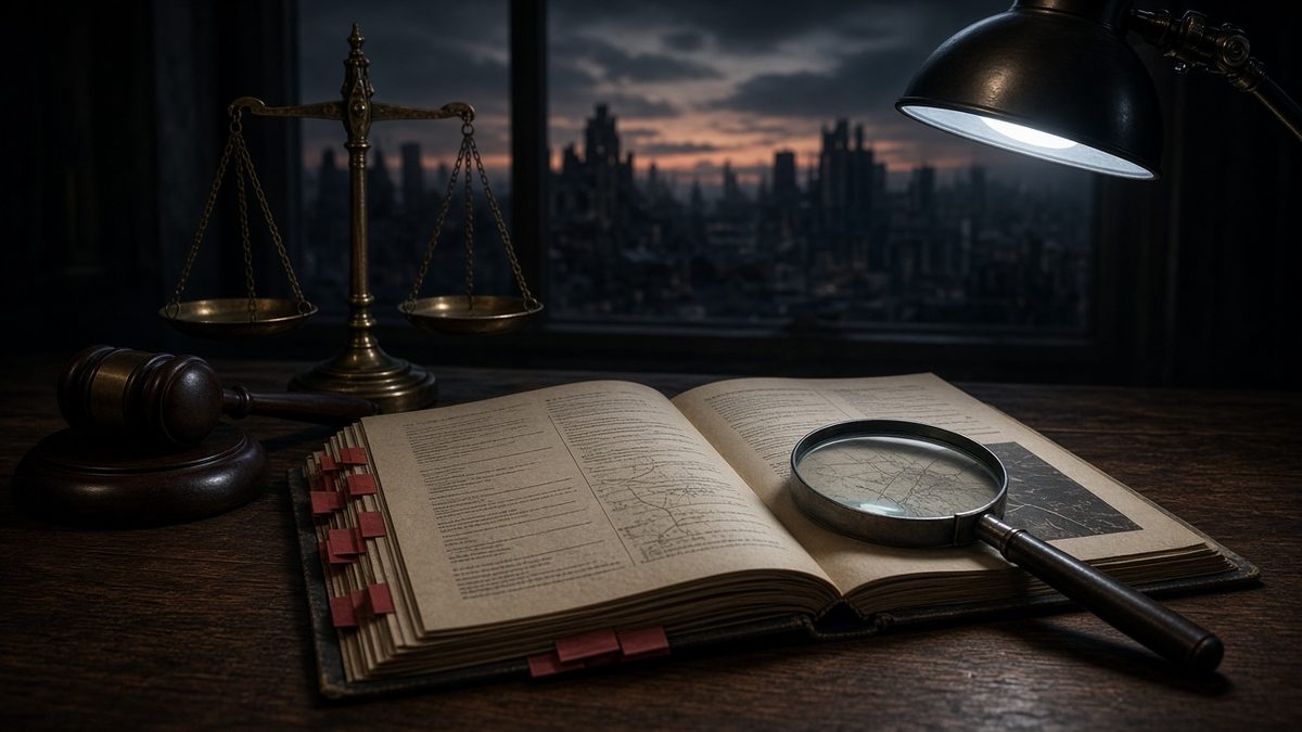 Open bound report with red tabs, magnifying glass, gavel and brass scales on a dark desk before a dim city window