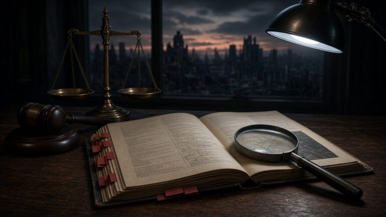 Open bound report with red tabs, magnifying glass, gavel and brass scales on a dark desk before a dim city window
