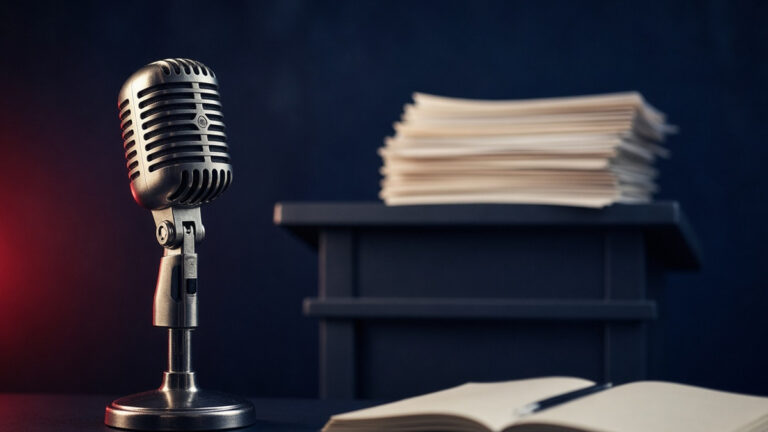 Silver microphone beside stacked transcripts under red and blue light: U.S. House, Iran War Powers Debate