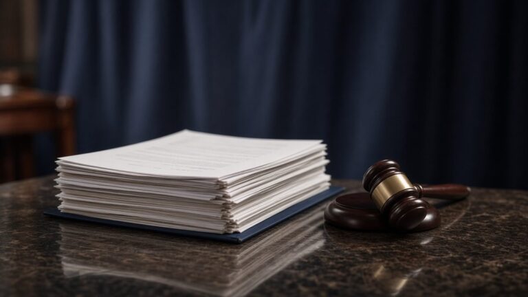 Stack of bill documents beside a wooden gavel with a brass band on a polished dark table