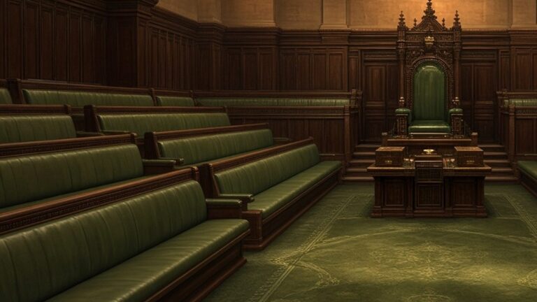 Tiered green leather benches in the House of Commons chamber lit by warm golden light