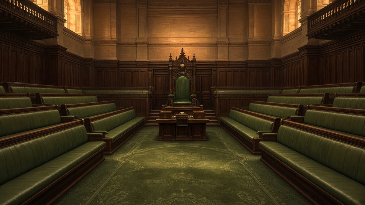 Empty House of Commons chamber with green leather benches facing the Speaker's ornate wooden chair