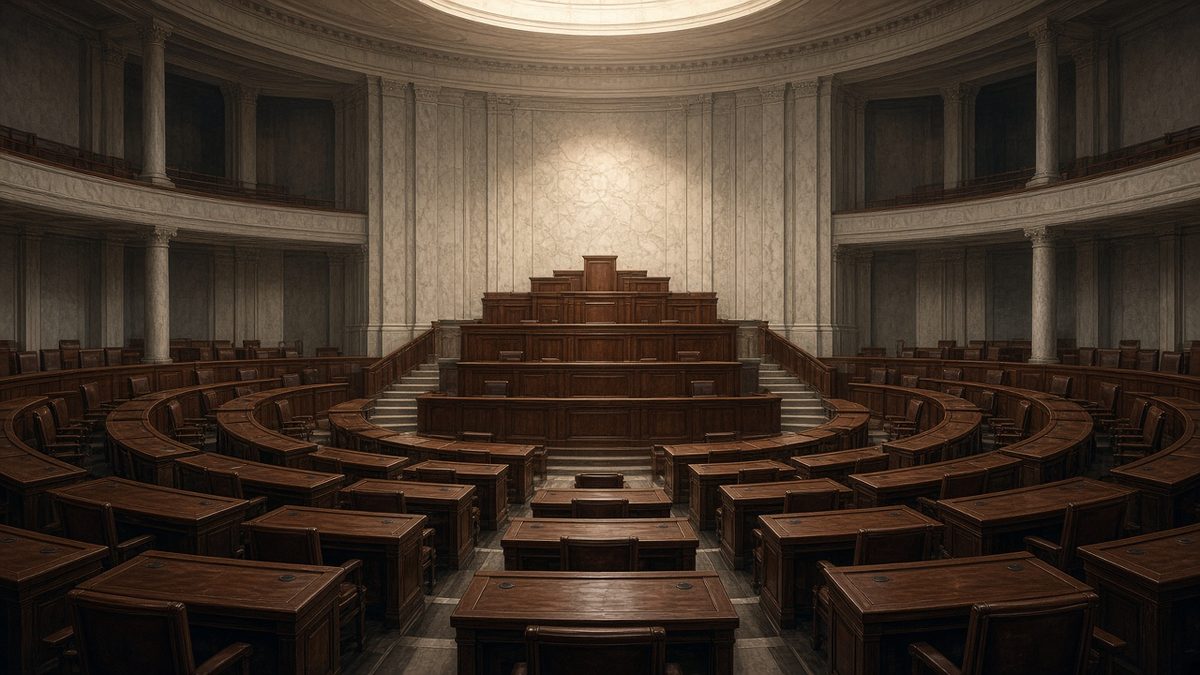 Empty legislative chamber with rows of dark wood desks facing a central marble and wood rostrum