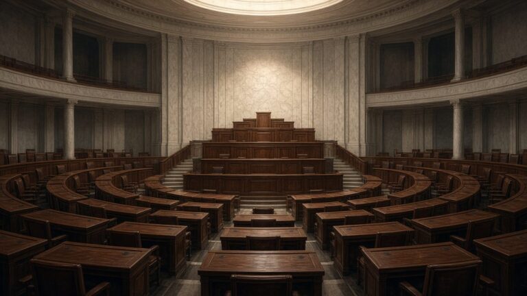 Empty legislative chamber with rows of dark wood desks facing a central marble and wood rostrum