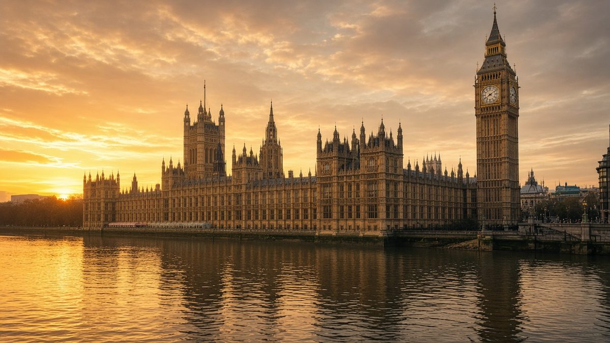 Palace of Westminster and the Elizabeth Tower glowing at sunset, reflected in the River Thames