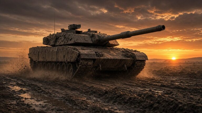 A modern main battle tank drives through a muddy field against a dramatic orange and gold sunset sky