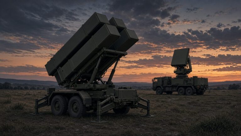 Trailer-mounted missile launcher with four box canisters raised at dusk beside a truck-mounted radar