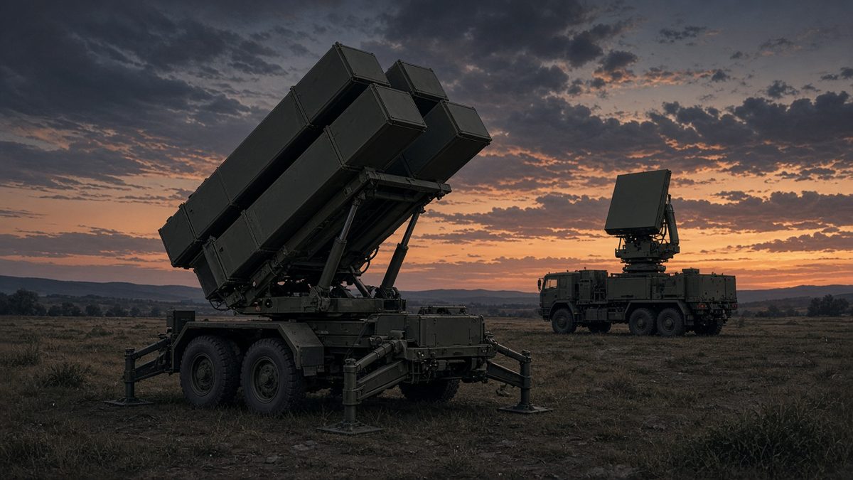 Trailer-mounted missile launcher with four box canisters raised at dusk beside a truck-mounted radar