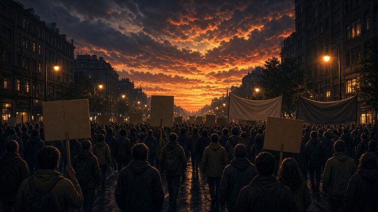 Stylised illustration of a crowd marching along a city street at dusk