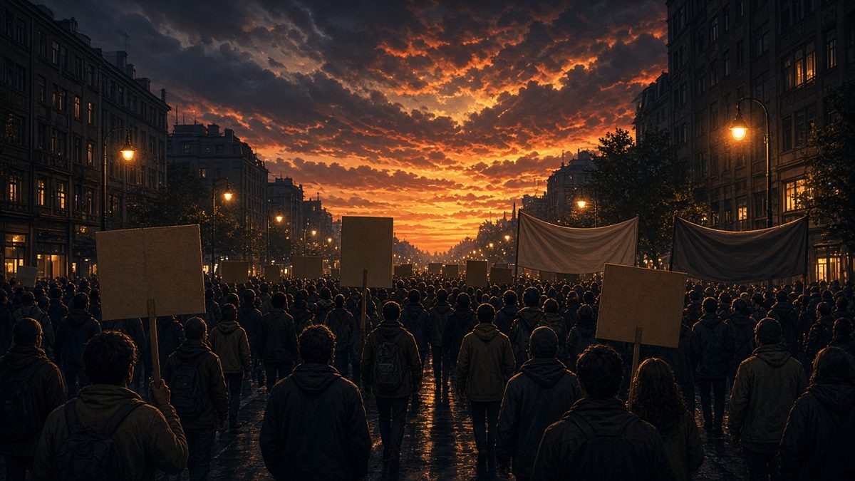 Stylised illustration of a crowd marching along a city street at dusk
