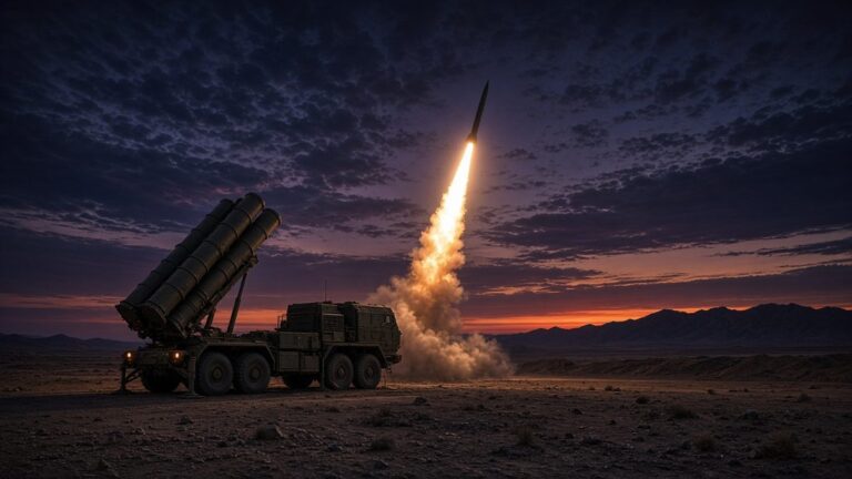 Wheeled rocket launcher on a desert range at dusk as a missile climbs on a bright exhaust trail