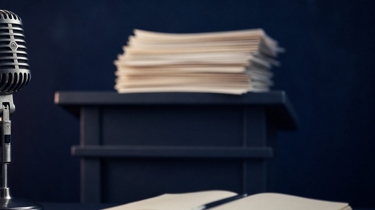 Silver microphone, a stack of papers and an open notebook with a pen against a dark blue background