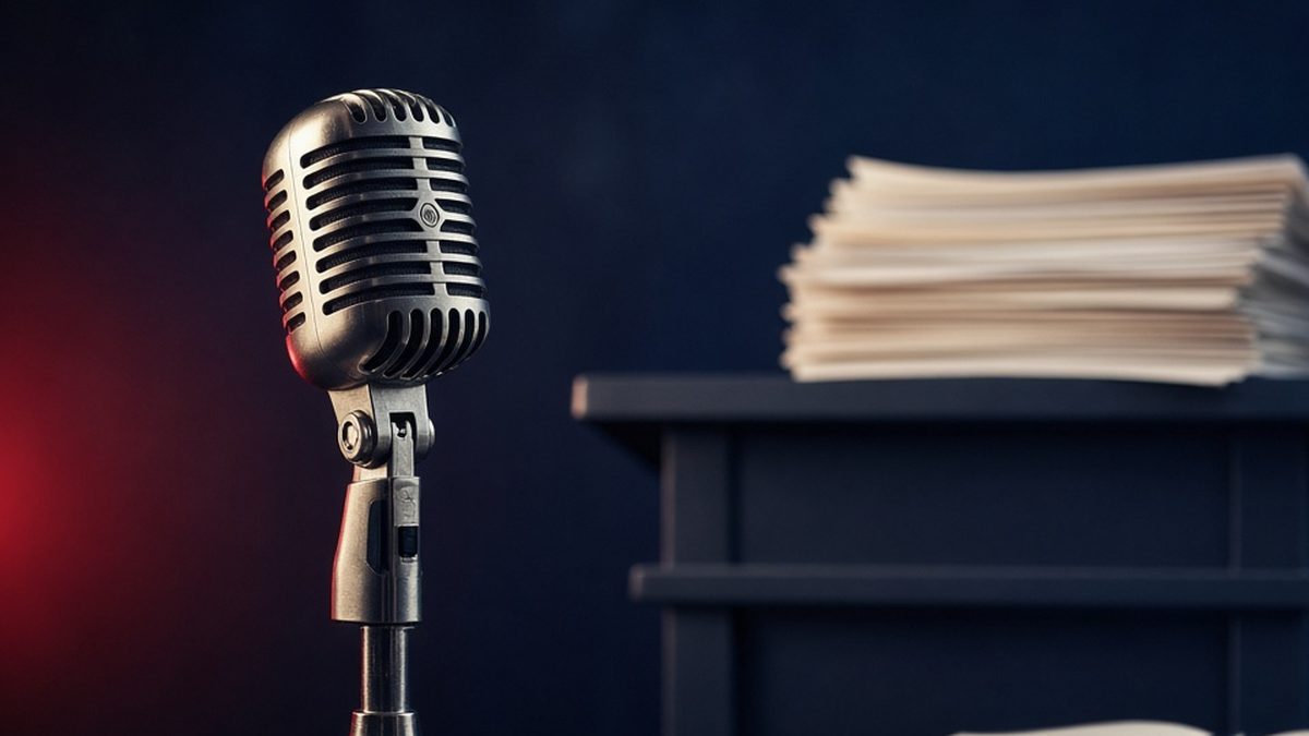 A retro microphone and a stack of official transcripts, representing a searchable database of public quotes
