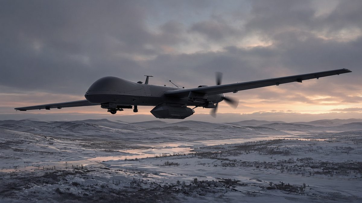 Dark grey long-endurance drone with pusher propeller and belly sensor pod flying over snowy hills at twilight