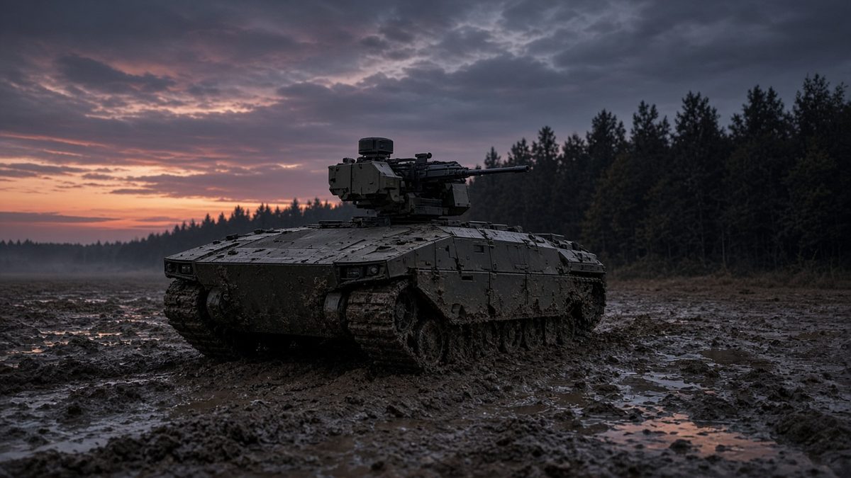 Mud-caked tracked unmanned ground vehicle with a remote weapon station in a churned field at dusk
