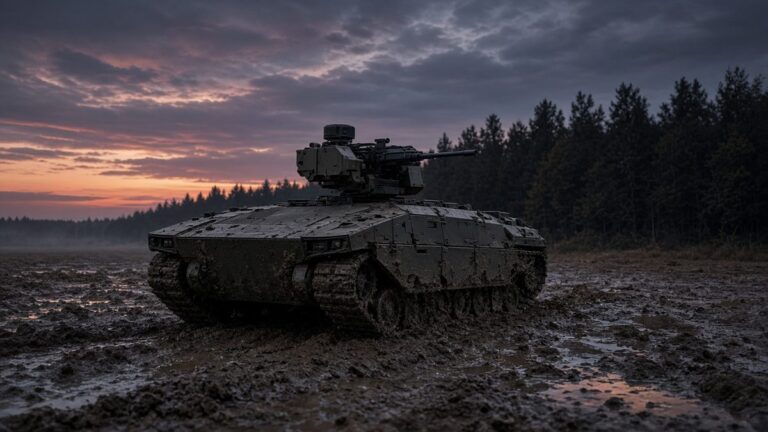 Mud-caked tracked unmanned ground vehicle with a remote weapon station in a churned field at dusk
