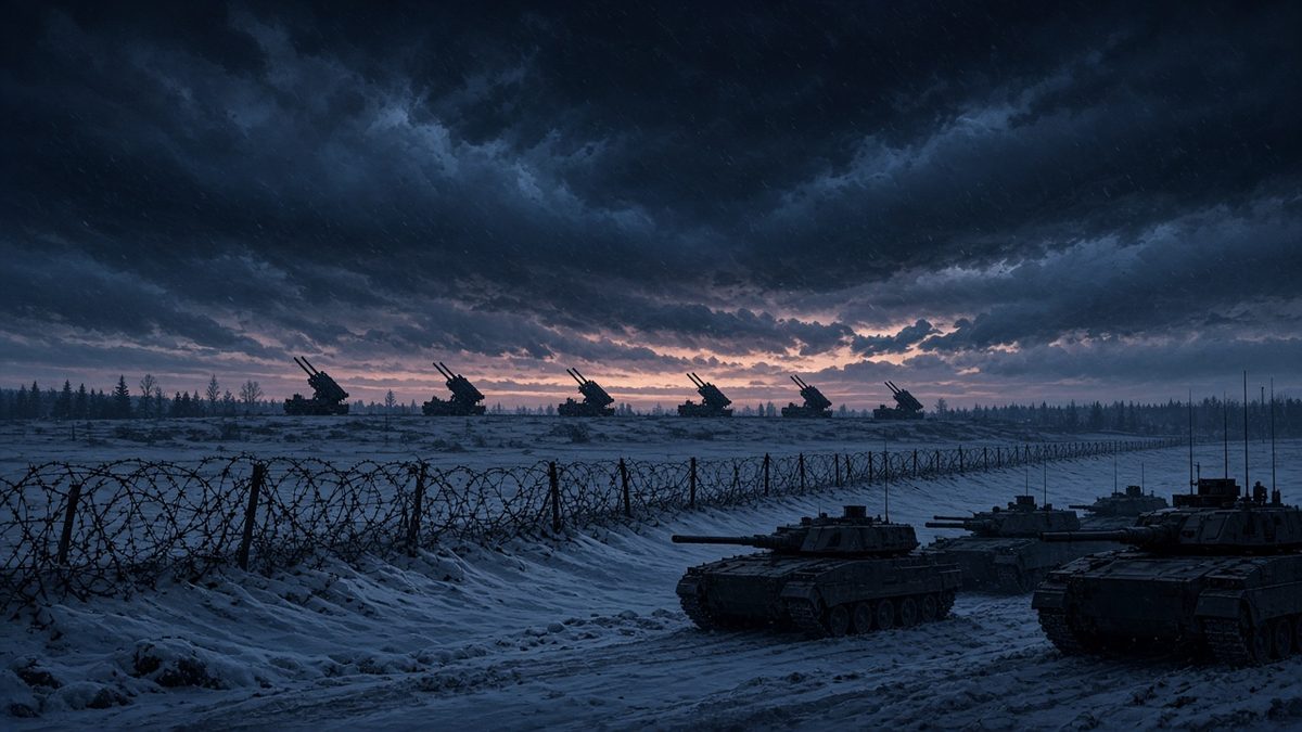 Stylised illustration of tanks and rocket launchers behind barbed wire on a snowy border at dusk