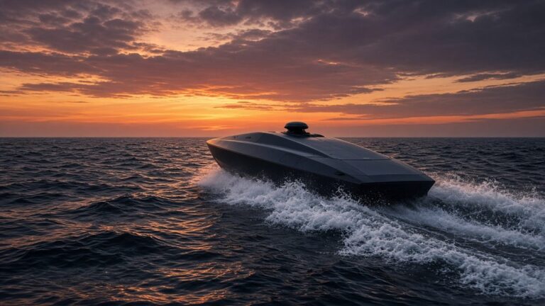 Sleek dark grey uncrewed boat with a dome sensor racing through choppy water at sunset, spray in its wake