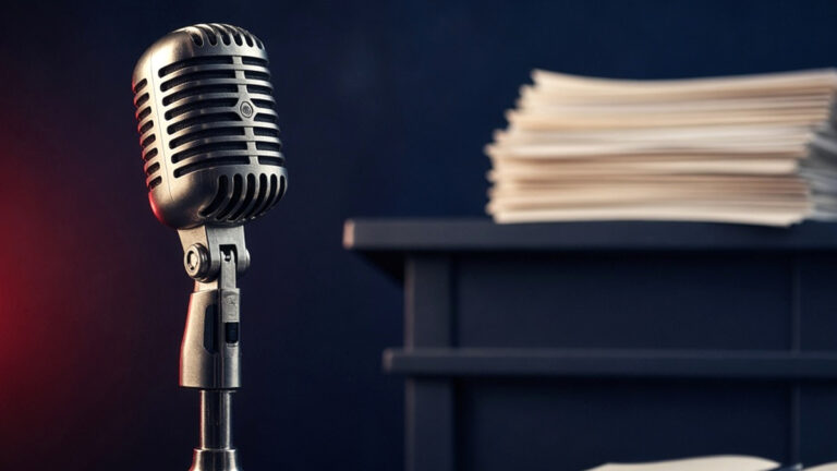 Retro microphone and a pile of transcript pages in low light: U.S. Senate, Iran War Powers Debate