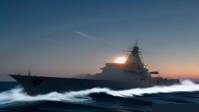 Gray naval destroyer at dusk on open ocean, dramatic backlight, no markings