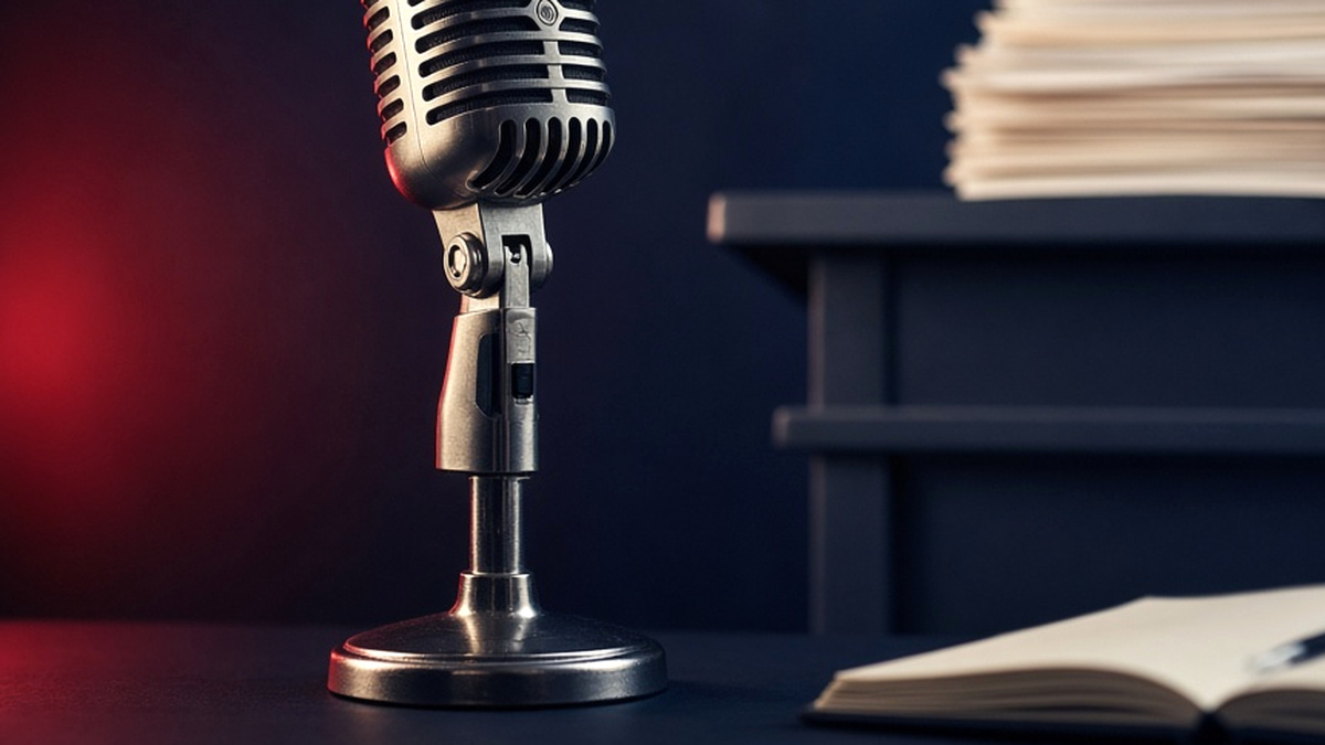 Microphone stand and notebook edge on a dark surface: Wes Streeting, Commons Ukraine Statement